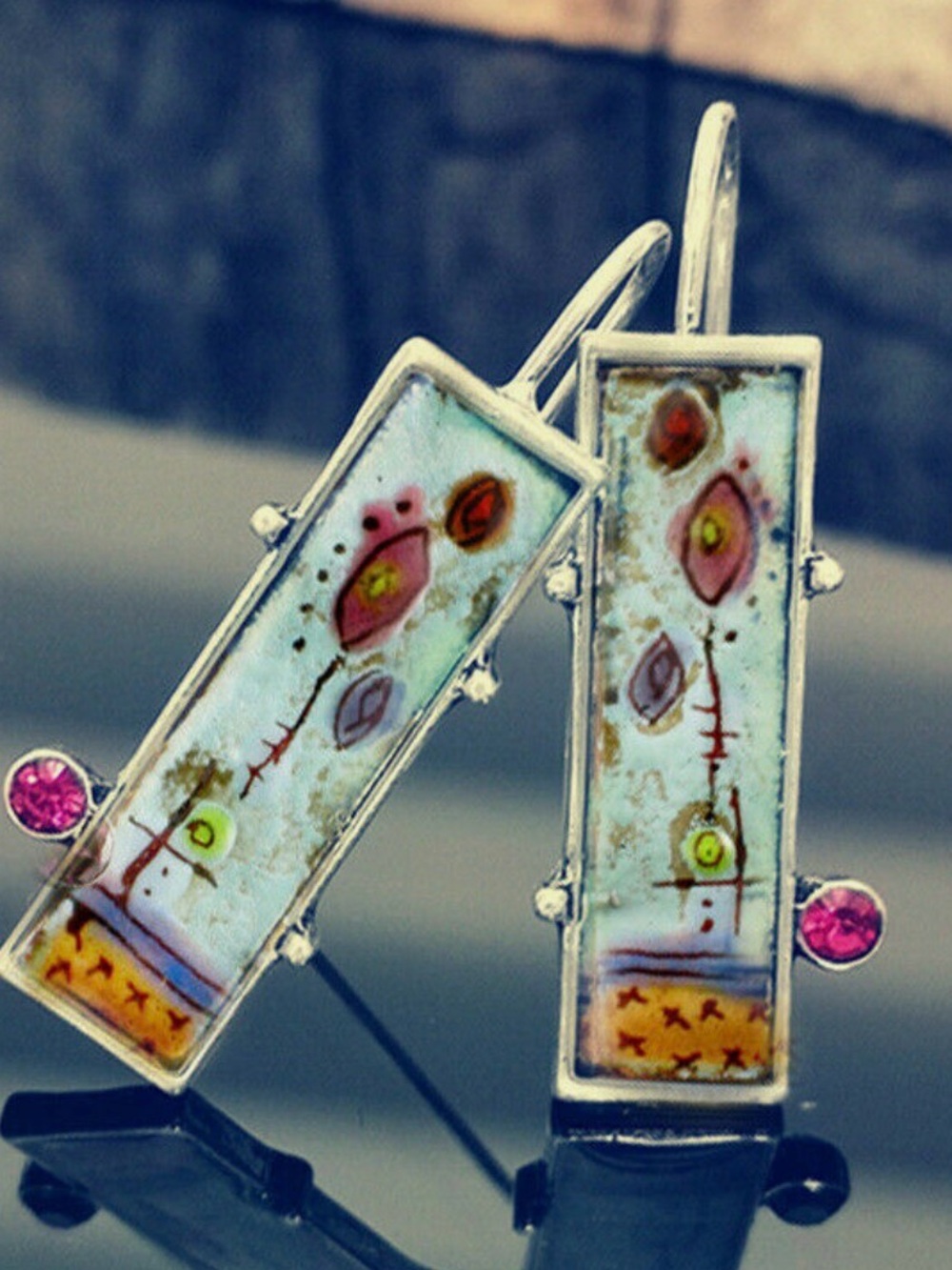 Hand-Painted Aqua Enamel Rectangle Drop Earrings with Pink Accent